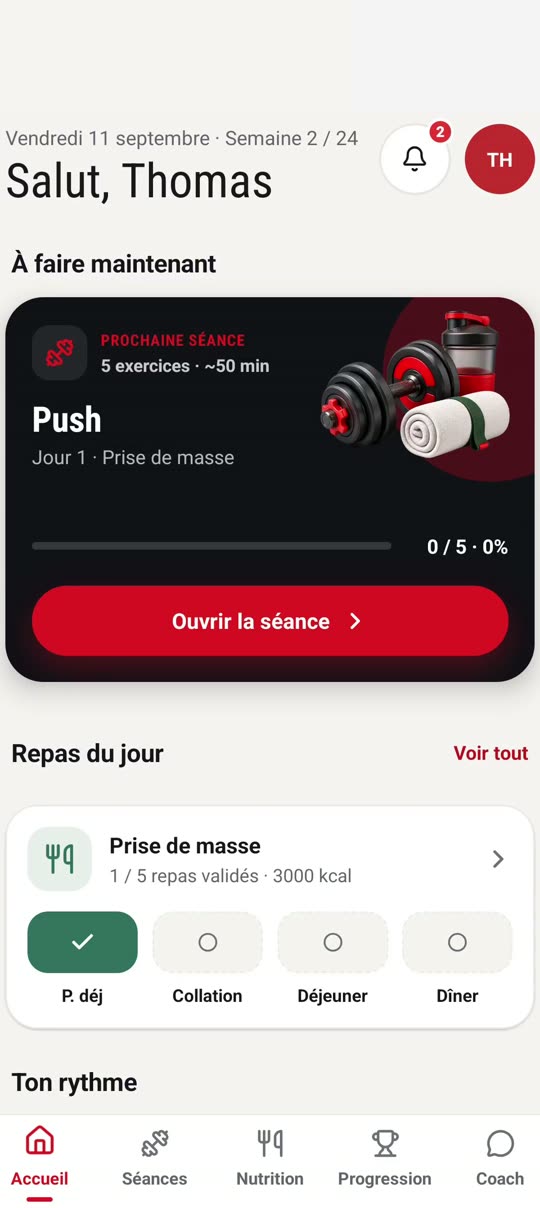 Écran d'accueil : séance du jour, repas et check-in de la semaine