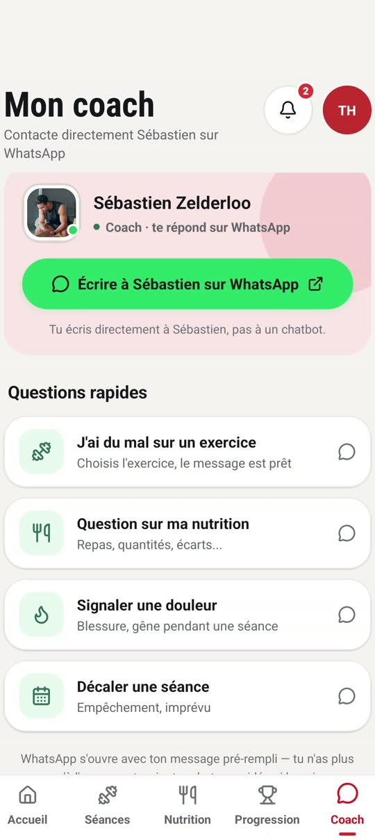 Écran messages : échanges directs avec le coach