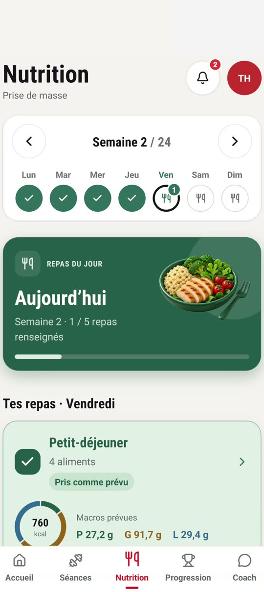 Écran nutrition : calories du jour et repas