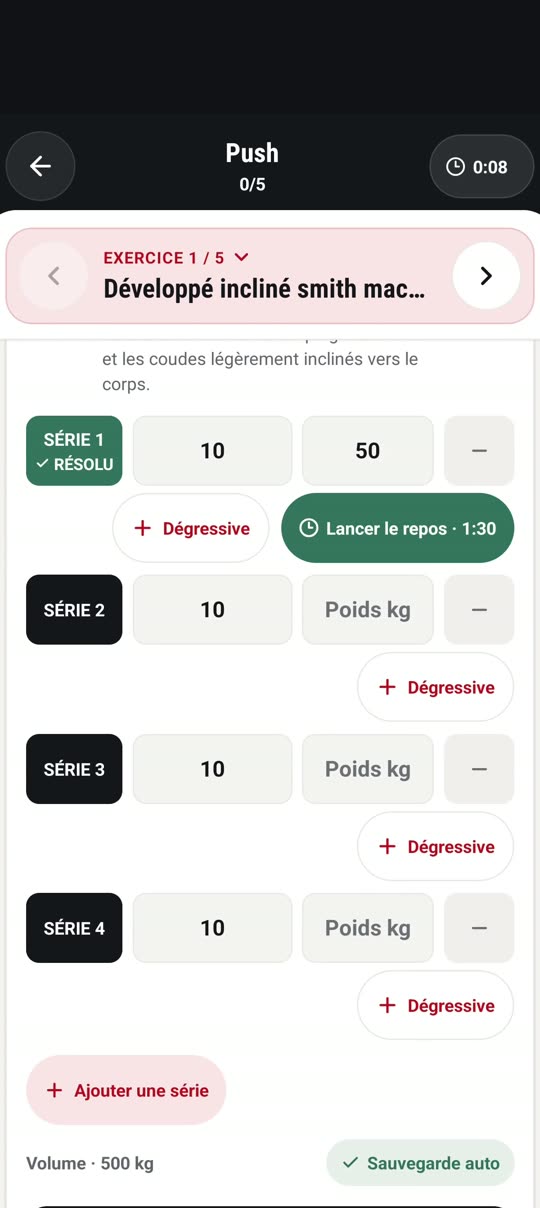 Écran de séance : exercices, séries et charges